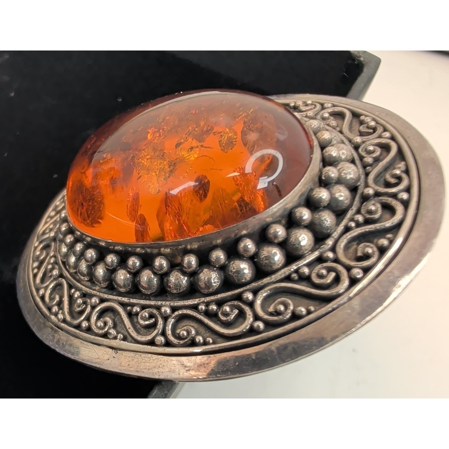 Suarti Ba 925 Sterling Silver Baltic Amber Balinese Large Oval Brooch Pin